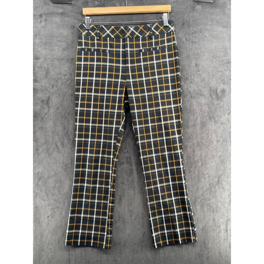Anthropologie Essential Collection Plaid Trousers Navy Yellow Flare Pants Size 6